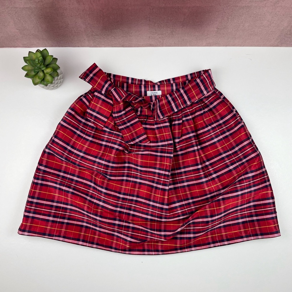 Crown & Ivy Red Navy Blue Plaid Belted Skirt Pleated Women Size 6 Classic Preppy